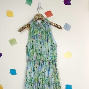 6 Taylor Blue Floral Print Ruffle Maxi Dress